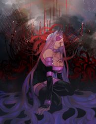Rule 34 | 1girl, bad id, bad pixiv id, black footwear, blindfold, blood, blood in mouth, boots, breasts, cleavage, fate/stay night, fate (series), flower, large breasts, long hair, matoba (ga6life), medusa (fate), medusa (rider) (fate), purple hair, solo, spider lily, thigh boots, thighhighs, very long hair