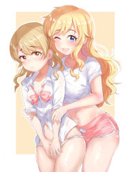 Rule 34 | 2girls, blonde hair, blue eyes, blush, breasts, brown eyes, collarbone, commentary request, genmon, idolmaster, idolmaster cinderella girls, large breasts, long hair, looking at viewer, morikubo nono, multiple girls, navel, ohtsuki yui, one eye closed, open mouth, panties, pink shorts, shirt, short shorts, shorts, sleeves rolled up, small breasts, smile, teeth, underwear, upper teeth only, wavy hair, white panties, white shirt