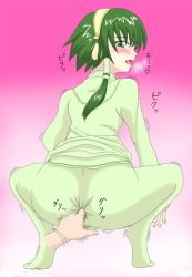 Rule 34 | 00s, 1boy, anal, anal fingering, ass, blush, clothed sex, drooling, fingering, green eyes, green hair, headdress, ion (tales), male penetrated, matching hair/eyes, pantyhose, saliva, short hair with long locks, shown, solo focus, spread legs, squatting, tales of (series), tales of the abyss, tiptoes, tongue, tongue out, trap