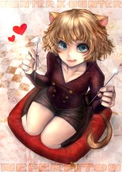 Rule 34 | 1boy, 1girl, akubi (fyfy), androgynous, animal ears, bad id, bad pixiv id, black socks, blonde hair, blue eyes, cat ears, cat tail, character name, collarbone, copyright name, curly hair, face, from above, hunter x hunter, licking lips, long sleeves, mimikaki, neferpitou, other focus, revision, seiza, short shorts, shorts, sitting, socks, solo, tail, tongue, tongue out, trap