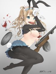 Rule 34 | 1girl, alcohol, blue eyes, breasts, carrot, cup, drinking glass, food in mouth, girls&#039; frontline, gloves, gun, highres, leotard, light brown hair, long hair, medium breasts, meme attire, nipples, pantyhose, playboy bunny, pleated skirt, rabbit pose, rabbit tail, reverse bunnysuit, reverse outfit, skirt, submachine gun, suomi (girls&#039; frontline), suomi kp/-31, tail, tray, vinsentyu, weapon, wine, wine glass