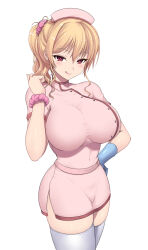 Rule 34 | 1girl, :q, belt, blonde hair, blush, breasts, brown eyes, covered navel, dress, gloves, hair ornament, hair scrunchie, hand up, hat, highres, impossible clothes, kasai shin, large breasts, looking at viewer, medium hair, naughty face, nurse, nurse cap, original, pink dress, scrunchie, short dress, side ponytail, side slit, simple background, single glove, skindentation, smile, solo, standing, thighhighs, tongue, tongue out, white background, white thighhighs, wrist scrunchie