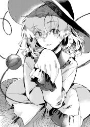 Rule 34 | 1girl, blouse, collared shirt, commentary request, eyeball, floral print, frilled shirt collar, frilled sleeves, frills, greyscale, hat, hat ribbon, heart, heart of string, highres, komeiji koishi, long sleeves, looking at viewer, medium hair, monochrome, parted lips, ribbon, rose print, shirt, skirt, sleeves past fingers, sleeves past wrists, sun hat, third eye, touhou, wadante, wavy hair, wide sleeves
