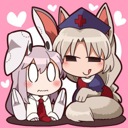 Rule 34 | 2girls, animal ears, bite mark, blush, bon (rump), closed mouth, cross, fox ears, fox tail, looking at another, multiple girls, necktie, rabbit ears, red cross, red neckwear, reisen udongein inaba, smile, smug, tail, touhou, wavy mouth, yagokoro eirin