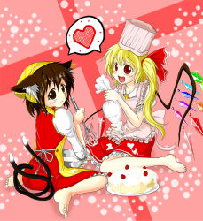 Rule 34 | 2girls, animal ears, apron, bandana, barefoot, blonde hair, bowl, brown eyes, brown hair, cake, cat ears, cat girl, cat tail, chef hat, chen, crystal, female focus, flandre scarlet, food, fruit, hair ribbon, hat, heart, icing, izuna nie, long hair, looking back, multiple girls, multiple tails, pastry, pastry bag, red eyes, ribbon, side ponytail, sitting, spoken heart, strawberry, tail, touhou, wariza, whisk, wings