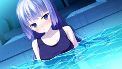 Rule 34 | 1girl, bare shoulders, blue eyes, blue one-piece swimsuit, blush, breasts, closed mouth, game cg, ichiban janakya dame desu ka?, kinta (distortion), long hair, looking at viewer, medium breasts, mitsuki ruri, one-piece swimsuit, partially submerged, pool, poolside, purple hair, school swimsuit, smile, solo, swimsuit, water, wet
