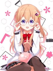 Rule 34 | 1girl, :d, alternate hair length, alternate hairstyle, black skirt, blush, bow, brown thighhighs, collared shirt, commentary, deyui, english commentary, floral background, glasses, gochuumon wa usagi desu ka?, hair between eyes, hair ornament, hairclip, hands up, highres, hoto cocoa, jacket, light brown hair, long hair, long sleeves, open clothes, open jacket, open mouth, plaid, plaid skirt, pleated skirt, red-framed eyewear, red bow, robot, school uniform, shirt, skirt, sleeves past wrists, smile, solo, sweater vest, thighhighs, very long hair, white jacket, white shirt