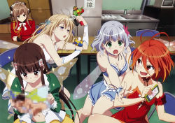 Rule 34 | 10s, 5girls, :d, :o, absurdres, aiguillette, amagi brilliant park, antenna hair, bare shoulders, blonde hair, blue eyes, blush, breasts, brown eyes, brown hair, cellphone, censored, cleavage, drooling, fairy wings, fang, flower, fujoshi, green eyes, hair between eyes, hair flower, hair ornament, hair ribbon, half-closed eyes, highres, holding, holding magazine, jitome, koborii (amaburi), long hair, magazine (object), mosaic censoring, multiple girls, muse (amaburi), navel, official art, open mouth, phone, pornography, red eyes, red hair, ribbon, salama (amaburi), sento isuzu, short hair, silver hair, smartphone, smile, sparkle, sylphy (amaburi), tears, wavy hair, wings, yaoi (object)