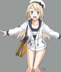 Rule 34 | 1girl, alternate costume, bag, blonde hair, blue eyes, blue one-piece swimsuit, blush, collarbone, cosplay, covered navel, flat chest, grey background, handbag, hat, jacket, jervis (kancolle), kantai collection, kawashina (momen silicon), lifebuoy, long hair, long sleeves, looking at viewer, name tag, one-piece swimsuit, open mouth, sailor hat, school swimsuit, simple background, solo, swim ring, swimsuit, swimsuit under clothes, torpedo, track jacket, white hat, white jacket, yukikaze (kancolle), yukikaze (kancolle) (cosplay)