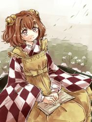 Rule 34 | 1girl, apron, book, checkered clothes, hair between eyes, motoori kosuzu, namuko, red eyes, red hair, seiza, sitting, solo, touhou, twintails, two side up
