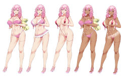 Rule 34 | 1girl, absurdres, alternate breast size, bikini, bikini tan, breast lift, breasts, chestnut mouth, choker, collarbone, commission, contrapposto, costume chart, dark-skinned female, dark skin, female focus, frilled bikini, frills, full body, guilty crown, hair between eyes, hair ornament, hair over shoulder, hairclip, hand on own thigh, high heels, highres, jacket, kaiend, large breasts, long hair, looking at viewer, low twintails, micro bikini, multiple girls, multiple views, navel, o-ring, o-ring bikini, o-ring top, off shoulder, pale skin, pink bikini, pink choker, pink footwear, pink hair, platform footwear, purple bikini, red bikini, red eyes, sandals, simple background, slingshot swimsuit, standing, swimsuit, tan, tanline, thigh strap, twintails, white background, yellow jacket, yuzuriha inori