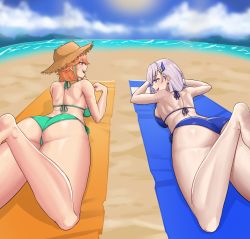 Rule 34 | 2girls, absurdres, ass, back, bare arms, bare shoulders, barefoot, beach, beach towel, bikini, blue bikini, blue eyes, breasts, cloud, day, from behind, green bikini, green hair, hair ornament, hat, highres, hololive, hololive english, hololive indonesia, large breasts, legs up, long hair, looking at another, lying, multiple girls, ocean, on stomach, open mouth, orange hair, outdoors, pavolia reine, purple eyes, purple hair, ranox, sky, smile, straw hat, swimsuit, takanashi kiara, teeth, towel, virtual youtuber