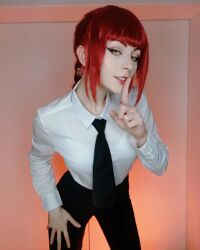 Rule 34 | 1girl, breasts, chainsaw man, cosplay, leaning forward, legs, legs apart, long hair, makima (chainsaw man), makima (chainsaw man) (cosplay), mature female, medium breasts, nozzomi cosplay, office lady, photo (medium), real life, red hair, smile, solo, yellow eyes