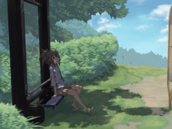 Rule 34 | 1girl, absurdres, auru t, brown hair, bus stop, bush, casual, cloud, day, denim, food, highres, jewelry, mouth hold, original, pendant, ponytail, popsicle, red eyes, sandals, shorts, sign, sitting, sky, solo, tree, tree shade