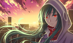 Rule 34 | 1girl, akabane, green hair, hood, hooded jacket, jacket, kagerou project, kido tsubomi, long hair, looking at viewer, red eyes, shade, solo, twilight, vocaloid, wind