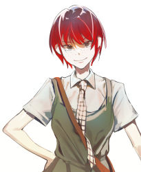 Rule 34 | 1girl, bag, brown bag, closed mouth, collared shirt, commentary, danganronpa (series), dress, freckles, green dress, hand on own hip, highres, koizumi mahiru, kyandii, looking at viewer, necktie, plaid necktie, plaid neckwear, red hair, shirt, short hair, short sleeves, shoulder bag, simple background, smile, solo, upper body, white background, white shirt