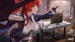 Rule 34 | 1girl, black gloves, black shorts, black sleeves, book, breasts, can, chinese commentary, desk, drink can, furrowed brow, gloves, high ponytail, highres, honkai (series), honkai impact 3rd, indoors, large breasts, long sleeves, looking at viewer, messy room, mole, mole on breast, monitor, murata himeko, murata himeko (arctic kriegsmesser), official art, official wallpaper, open book, open hands, open mouth, paper, partially fingerless gloves, ponytail, red hair, shorts, soda can, solo, standing, teeth, upper body, upper teeth only, wire, yellow eyes