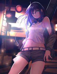 Rule 34 | 1girl, ahoge, awazake (2wairu), bare shoulders, black hair, black jacket, black shorts, blue eyes, blurry, blurry background, breasts, cable, camisole, cellphone, cleavage, collarbone, commentary, cowboy shot, crop top, groin, hair between eyes, headphones, headphones around neck, highres, holding, holding phone, instrument case, instrument on back, jacket, long hair, looking at viewer, medium breasts, midriff, navel, night, off shoulder, open clothes, open jacket, original, outdoors, parted lips, phone, short shorts, shorts, sidelocks, smartphone, solo, standing, traffic light, white camisole