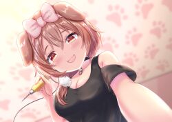 Rule 34 | 1girl, :d, animal ears, bare shoulders, black choker, black shirt, blush, bow, bow hairband, brown eyes, brown hair, choker, clothing cutout, dog ears, dog girl, double-parted bangs, ear cleaning, hair between eyes, hair bow, hair ornament, hairband, highres, holding power drill, hololive, inugami korone, inugami korone (loungewear), looking at viewer, medium hair, official alternate costume, open mouth, pendant choker, pink hairband, pom pom (clothes), pom pom hair ornament, shirt, short sleeves, shoulder cutout, smile, solairoaoiro, solo, t-shirt, virtual youtuber, yubi yubi (inugami korone)
