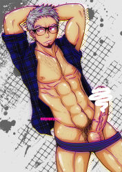 Rule 34 | 1boy, abs, censored, erection, facial hair, glasses, male focus, mayugeyama, muscular, penis, solo, undressing