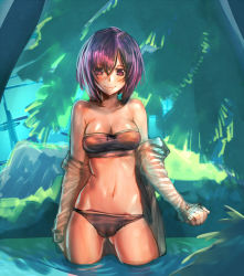 Rule 34 | 1girl, bandeau, bikini, bow (bhp), breasts, cameltoe, cleavage, detached sleeves, highres, navel, off shoulder, open clothes, open shirt, original, purple eyes, purple hair, rock, shiny skin, shirt, short hair, sketch, smile, solo, strapless, swimsuit, tree, tube top, wading, water
