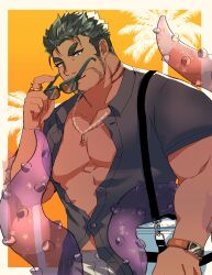 Rule 34 | 1boy, abs, bara, beard stubble, bone color919, border, closed mouth, collared shirt, connected beard, cooler, dagon (housamo), facial hair, fins, gills, grey hair, highres, jewelry, looking at viewer, male focus, mature male, muscular, muscular male, mustache stubble, orange background, outside border, palm tree, partially unbuttoned, pectoral cleavage, pectorals, pendant, purple shirt, removing eyewear, ring, shirt, short hair, solo, star (symbol), stubble, tentacles, thick eyebrows, tokyo houkago summoners, translucent, tree, upper body, watch, white border, wristwatch