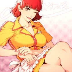 Rule 34 | 1girl, breasts, brown eyes, catherine (game), dated, dress, earrings, erica anderson, jewelry, large breasts, maid headdress, mole, mole under mouth, name tag, red hair, short dress, short hair, signature, smile, solo, stud earrings, uniform, usagi me, waitress, zipper