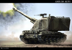 Rule 34 | amx-30, artist name, black border, blue sky, border, browning m2, camouflage, caterpillar tracks, desert, firing, french army, french flag, gun, heavy machine gun, highres, konnpeto, machine gun, military vehicle, motor vehicle, muzzle flash, no humans, original, rock, self-propelled artillery, sky, tank, vehicle focus, weapon