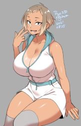 Rule 34 | 1girl, agawa ryou, ahoge, aqua belt, arm support, artist name, bare shoulders, belt, black eyes, blonde hair, breasts, brown hair, cleavage, collarbone, cowboy shot, dated, dress, grey background, grey thighhighs, hand up, hood, hood down, huge breasts, multicolored hair, numbered, open mouth, original, romper, short bangs, short hair, short hair with long locks, simple background, sitting, sleeveless, smile, solo, tan, tani tsukune, tanline, thick thighs, thighhighs, thighs, tsurime, two-tone hair, v, zettai ryouiki, zipper