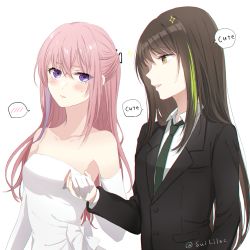 Rule 34 | 2girls, artist name, bare shoulders, black jacket, black suit, blush, bow, brown eyes, brown hair, buttons, closed mouth, collar, collarbone, collared shirt, commentary request, dress, elbow gloves, embarrassed, formal, girls&#039; frontline, gloves, green hair, grey neckwear, hair between eyes, hair ornament, holding, holding hands, jacket, lips, long hair, looking at another, looking at viewer, m4a1 (girls&#039; frontline), multicolored hair, multiple girls, necktie, off-shoulder dress, off shoulder, parted lips, pink hair, pocket, purple eyes, purple hair, shirt, sidelocks, simple background, smile, sparkle, st ar-15 (girls&#039; frontline), streaked hair, sui (camellia), suit, sweat, talking, two-tone hair, upper body, white background, white bow, white dress, white gloves, white shirt