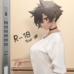 Rule 34 | 1girl, animal ears, black choker, breasts, brown hair, choker, closed mouth, dark-skinned female, dark skin, elevator, from side, indoors, large breasts, looking at viewer, looking to the side, micchan (ohisashiburi), ohisashiburi, original, paid reward available, parted lips, red eyes, shirt, short hair, slit pupils, solo, upper body, white shirt