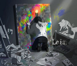 Rule 34 | 1boy, 1girl, airbrush, art brush, art supplies, black footwear, black hair, black pants, broken statue, bucket, canvas (object), despair, greyscale, kneeling, leaning on object, leia (vocaloid), long hair, megurine luka, mericanon, messy room, monochrome, mourning, newspaper, paint roller, paint splatter, paintbrush, painting (object), palette (object), pants, pink hair, ruler, shirt, shoes, short hair, sleeves rolled up, smile, solo, song name, spot color, torn paper, vocaloid