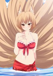 Rule 34 | 1girl, animal ears, bikini, blonde hair, blush, breasts, cleavage, collarbone, female focus, fox ears, fox tail, front-tie top, halterneck, hand on own chest, highres, large breasts, lens flare, multiple tails, navel, nigo (aozoragarou), red bikini, sarong, short hair, smile, solo, swimsuit, tail, touhou, wading, water, yakumo ran, yellow eyes
