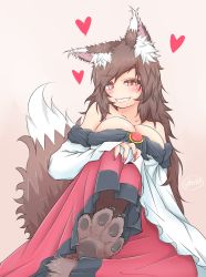 Rule 34 | 1girl, animal ears, animal hands, bare shoulders, blush, breasts, brooch, brown hair, cleavage, collarbone, cube85, dress, fingernails, grin, heart, highres, imaizumi kagerou, jewelry, large breasts, long hair, looking at viewer, nail polish, off-shoulder dress, off shoulder, red eyes, red nails, sharp fingernails, slit pupils, smile, solo, tail, touhou, werewolf, wolf ears, wolf girl, wolf paws, wolf tail