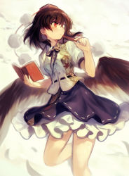 Rule 34 | 1girl, bird wings, black hair, black ribbon, black skirt, black wings, book, breasts, buttons, collared shirt, dress shirt, feathered wings, fuepo, hair between eyes, hat, highres, holding, holding book, holding pen, leaf print, leg up, looking away, maple leaf print, medium breasts, medium hair, notebook, open book, orange eyes, pen, red hat, ribbon, ribbon-trimmed clothes, ribbon-trimmed skirt, ribbon trim, shameimaru aya, shirt, short sleeves, skirt, solo, tokin hat, touhou, white shirt, wings