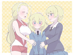 Rule 34 | 3girls, andou (girls und panzer), artist name, blonde hair, blue eyes, blush, braid, commentary, darjeeling (girls und panzer), girl sandwich, girls und panzer, gradient background, hand on another&#039;s arm, hand on another&#039;s head, hand on another&#039;s shoulder, itsumip, long hair, looking at another, medium hair, multiple girls, open mouth, outline, sandwiched, sasaki akebi, school uniform, short hair, signature, smile, st. gloriana&#039;s school uniform, standing, sweatdrop, white outline, yellow background
