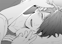Rule 34 | 1boy, akuno hideo, blush, collarbone, gradient background, greyscale, hair over one eye, headpat, idolmaster, idolmaster side-m, long sleeves, looking at viewer, lying, male focus, monochrome, hugging object, on bed, on side, pillow, pillow hug, pov, pov across bed, sharp teeth, sokka (kbs), solo focus, teeth, under covers