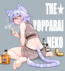 Rule 34 | 1girl, absurdres, alcohol, animal ears, bare legs, barefoot, beer, beer bottle, beer can, blue hair, blush, bottle, breasts, can, cat ears, cat tail, commentary, drink can, drunk, facial scar, feet, highres, large breasts, looking at viewer, looking back, nose blush, open mouth, orange eyes, original, ryota tentei, scar, scar across eye, scar on cheek, scar on face, short hair, short shorts, shorts, sitting, soles, solo, squeans, sweater, tail, toes, tora tentei, whiskey