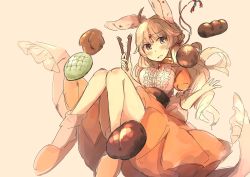 Rule 34 | 1girl, absurdres, ahoge, animal ears, bad id, bad twitter id, blush, bread, brooch, diadem, dress, food, grey background, highres, holding, jewelry, long dress, long hair, looking at viewer, melon bread, open mouth, orange dress, original, parted lips, puffy short sleeves, puffy sleeves, purple eyes, rabbit ears, sash, short sleeves, simple background, solo, tsukiori