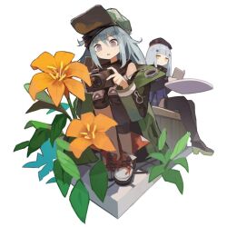 Rule 34 | 2girls, beret, blue hair, book, camera, commentary request, flower, full body, g11 (girls&#039; frontline), girls&#039; frontline, grey eyes, hair ornament, harufude, hat, hk416 (girls&#039; frontline), holding, holding book, holding camera, jacket, knee pads, long hair, looking at another, multiple girls, open clothes, open jacket, open mouth, shoes, simple background, sitting, thighhighs, white background, yellow eyes