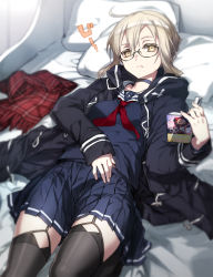 Rule 34 | 1girl, artoria pendragon (fate), bed, black thighhighs, blonde hair, blue choker, blurry, bunbun, bunk bed, choker, commentary, depth of field, fate/grand order, fate (series), frown, hand on own stomach, highres, jacket, looking at viewer, lying, mysterious heroine x alter (fate), mysterious heroine x alter (first ascension) (fate), on back, scarf, unworn scarf, school uniform, semi-rimless eyewear, serafuku, short hair, skirt, solo, thighhighs, thighs, yellow eyes, zettai ryouiki