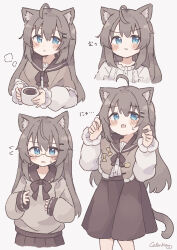 Rule 34 | absurdres, animal ears, biachan, blue eyes, brown hair, brown skirt, cat ears, coffee, colon br, cup, expressions, fang, glasses, highres, holding, holding cup, multiple views, original, skin fang, skirt, white background
