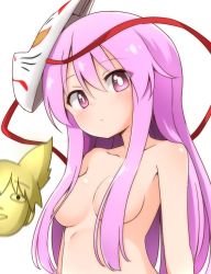 Rule 34 | 1girl, blush, breasts, collarbone, commentary request, fox mask, hair between eyes, hair censor, hata no kokoro, long hair, looking at viewer, mask, mask on head, medium breasts, new mask of hope, nude, one-hour drawing challenge, pink eyes, pink hair, shiny skin, sidelocks, simple background, solo, stomach, suwa yasai, touhou, upper body, white background