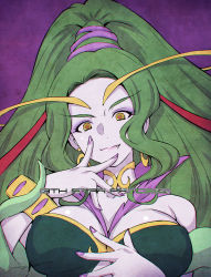 Rule 34 | 1girl, breasts, character name, choker, cleavage cutout, clothing cutout, crescent, crescent earrings, earrings, evil smile, fang, finger to face, green hair, green pupils, hair up, highres, hoop, jewelry, kazuma muramasa, large breasts, long hair, multicolored eyes, nail polish, ophiuchus (precure), pale skin, precure, purple background, purple nails, signature, smile, solo, spoilers, star-shaped pupils, star (symbol), star twinkle precure, symbol-shaped pupils, wristband, yellow eyes