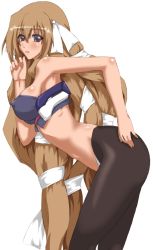 Rule 34 | 1girl, aoi kimi, arm up, bad id, bad pixiv id, bandeau, bare shoulders, bodysuit, breasts, brown eyes, brown hair, covered erect nipples, hand on own hip, kyoukaisenjou no horizon, large breasts, legs, long hair, nipples, open mouth, pantyhose, purple eyes, ribbon, setsunan, sideboob, solo, spandex, thighs, very long hair, wavy hair