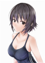 Rule 34 | 1girl, absurdres, bare shoulders, black hair, black one-piece swimsuit, blush, breasts, brown eyes, cleavage, closed mouth, collarbone, competition school swimsuit, copyright name, copyright request, hair between eyes, highres, looking at viewer, medium breasts, nannacy7, one-piece swimsuit, photokano, sanehara hikari, school swimsuit, short hair, simple background, smile, solo, swimsuit, tareme, upper body, white background