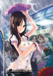 Rule 34 | areola slip, belt, breasts, brown eyes, brown hair, bug, censored, convenient censoring, flower, hm (hmongt), insect, ladybug, large breasts, lightning, long hair, rain, see-through, shirt, solo focus, wet, wet clothes, wet shirt