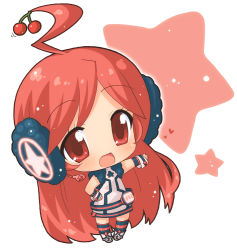 Rule 34 | 1girl, ahoge, belt, blush, boots, cherry, chibi, dress, female focus, food, fruit, full body, gloves, hahifuhe, headphones, headset, heart, kneehighs, long hair, red eyes, red hair, sf-a2 miki, simple background, smile, socks, solo, star (symbol), striped clothes, striped gloves, striped socks, thighhighs, vocaloid, white background, wrist cuffs