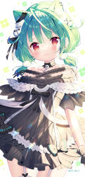 Rule 34 | 1girl, absurdres, animal ear fluff, animal ears, bare shoulders, black bow, black dress, blush, bow, cat ears, closed mouth, commentary request, dress, ear piercing, frilled dress, frills, garter straps, green hair, highres, hololive, ikari (aor3507), long hair, looking at viewer, low twintails, off-shoulder dress, off shoulder, piercing, red eyes, smile, solo, twintails, uruha rushia, uruha rushia (3rd costume), virtual youtuber, white background