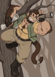 Rule 34 | 1boy, animal ears, bandaged tail, bara, beard, beige pants, biceps, binoculars, body fur, boots, brown hair, bulge, bursting pectorals, chest hair, dobito mn, facial hair, fingerless gloves, full body, gloves, green eyes, green jacket, grin, highres, holding, holding map, jacket, large pectorals, leather, leather boots, male focus, map, mature male, monkey boy, monkey ears, monkey tail, muscular, muscular male, original, partially unbuttoned, pectoral cleavage, pectorals, shirt, short hair, sleeveless, sleeveless jacket, smile, solo, tail, thick eyebrows, thick thighs, thighs, yellow shirt